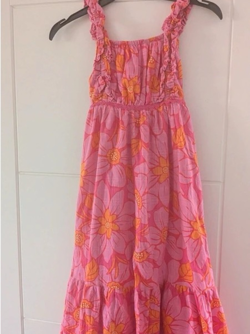 Pink Floral Smocked Midi Dress with Ruffle Straps